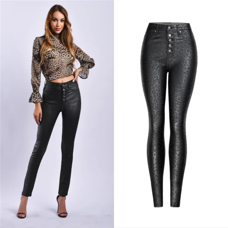 

Women's New Black PU Leather Pants High Waist Leopard Print Coated Pencil Pants Women's Fleece Warm Pants S-3XL