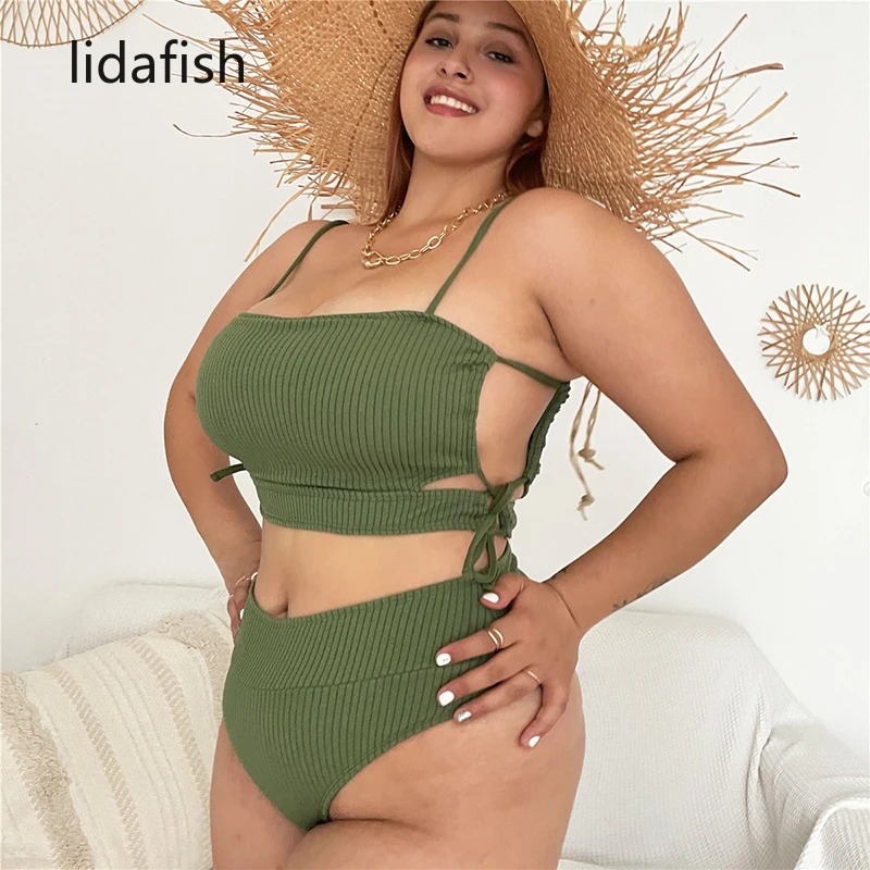 lidafish Sexy Bikini Sets High-Waisted Push Up Swimsuit Women Two Pieces Plus Size Swimwear Hollow Out Ribbed Bathing Suits