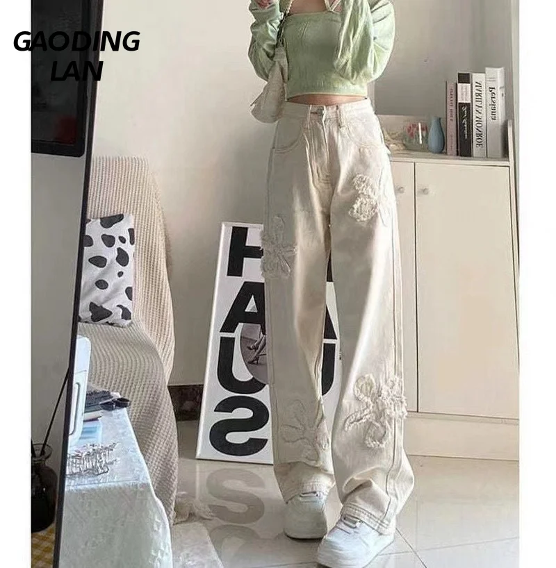 

Niche Design Summer Patched Frayed Floral Women Jeans Mopping High Waist Long Denim Pant Female Y2K Straight Wide Leg Pants