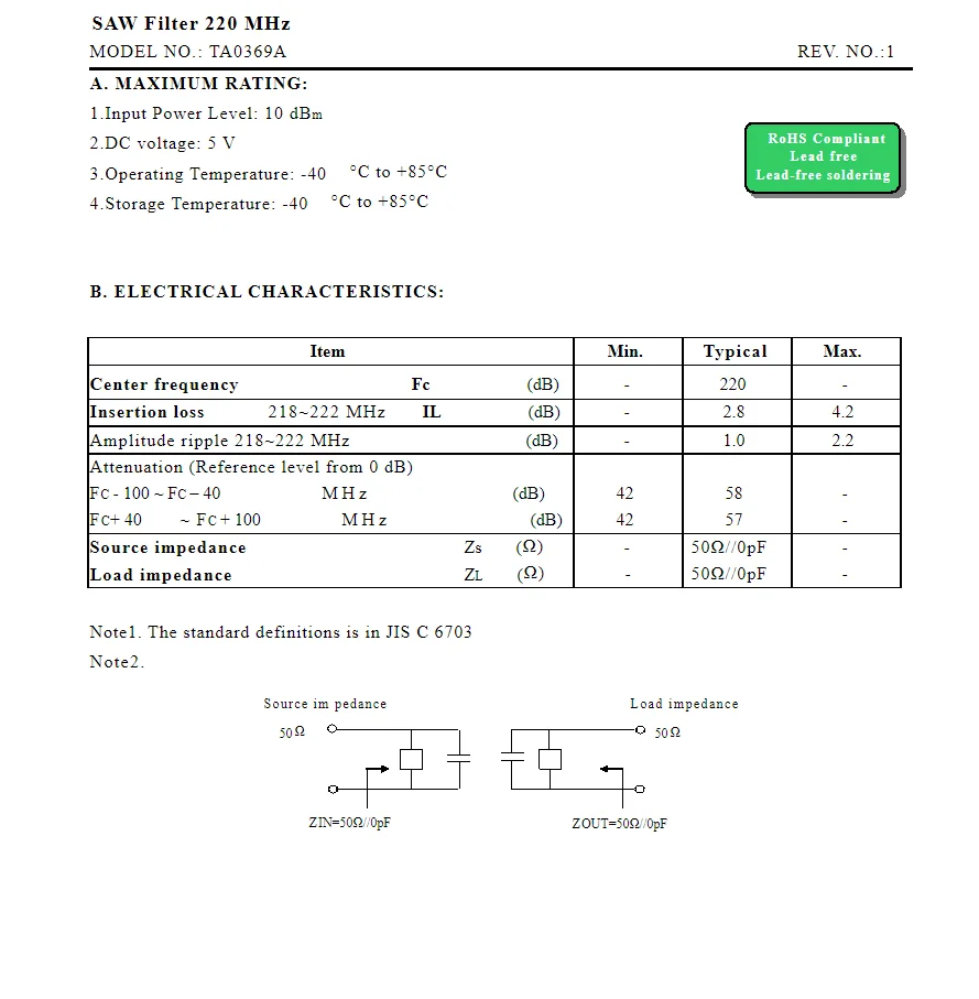 10 шт. TA0369A код 369 новый подлинный SMD SAW фильтр 220 МГц в упаковке