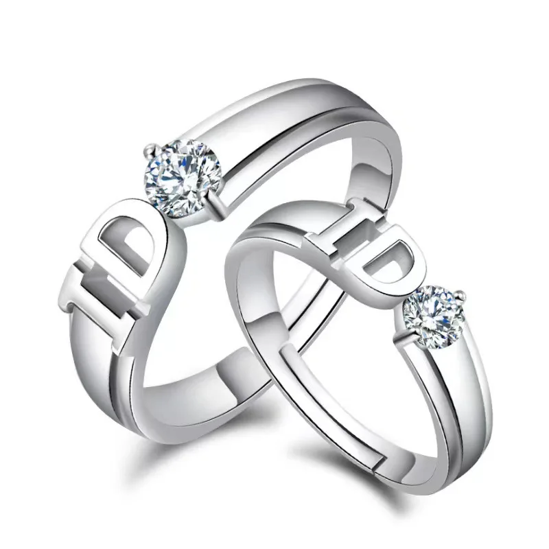 

18K White Gold Plated Men and Women lovers' Bright Zircon Ring Simple Fashion Pair Ring Adjustable Size Wedding Jewelry Gift