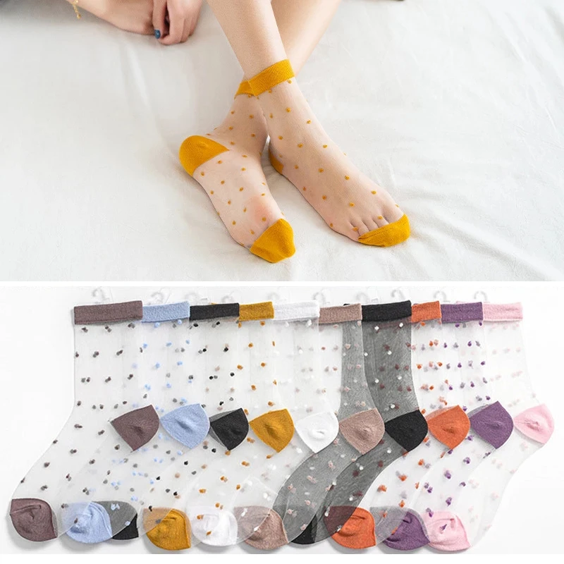 

2022 Women's Spring Summer Socks Breathable Transparent Mesh Short Socks Female Glass Silk Transparent Cute Dot Fashion Socks