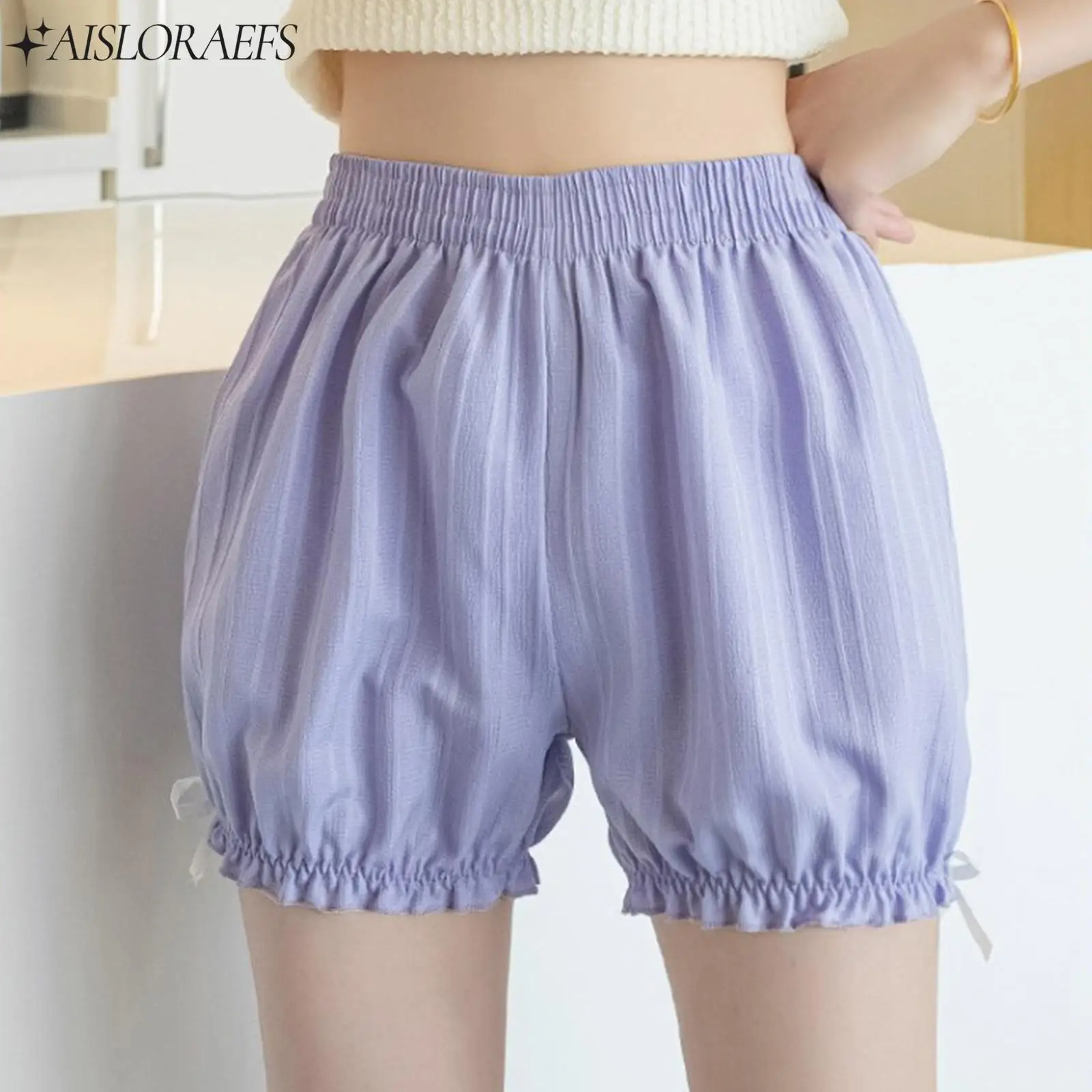 Womens Bowknot Striped Frilly Bloomers Shorts Homewear Loungewear Solid Color Elastic Waistband Panties Pettipants Underwear