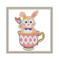 cute bunny and cup pattern cheetah cross stitch kit 14ct 11ct count print canvas diy embroidery sewing set home decoration
