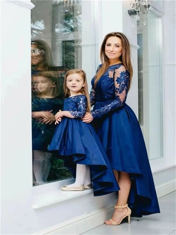 

Blue Mommy and Me Fashion Dresses Birthday Hi-Lo Mother Daughter Dresses Family Matching Clothing Mom Baby Kid Lace Tutu Dress