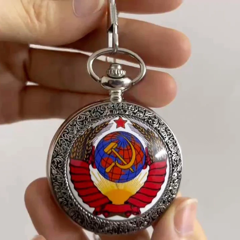 

Vintage Emblem USSR Soviet Badges Hammer Sickle Pocket Watch Russia Army CCCP Communism Necklace Clock Chain For Men Women Gift