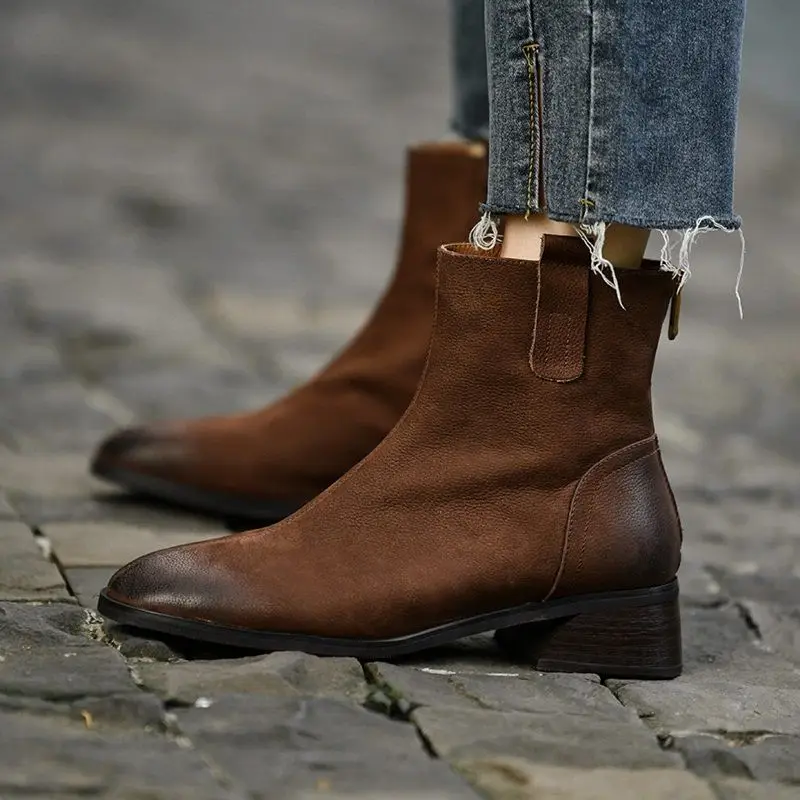 

Женские ботильоны из воловьей кожи, с квадратным носком, на молнии сзади