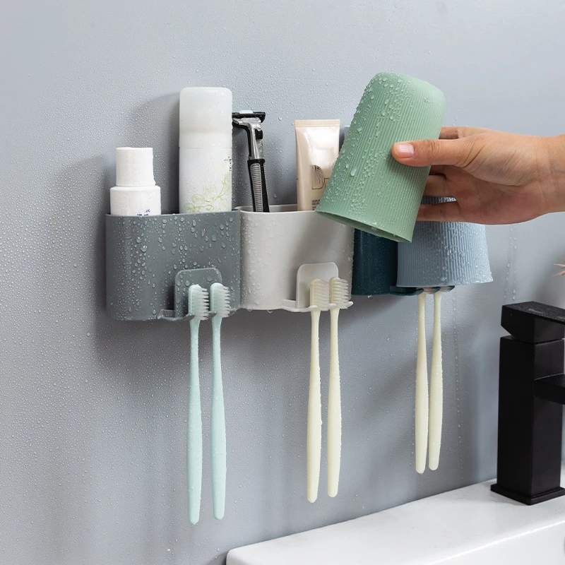 

New Wall-Mounted Toothbrush Holder Bathroom Punch-Free Tooth Cup Rack Household Wall-Mounted Mouthwash Cup Holder Storage Box