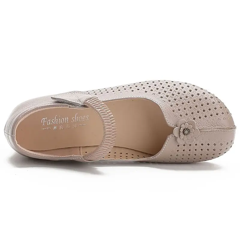2023 New Summer Woman's Leather Flat Shoes Elegant Ladies Hollow Sandals Breathable Comfortable Female Ballet Flats Mom Shoes