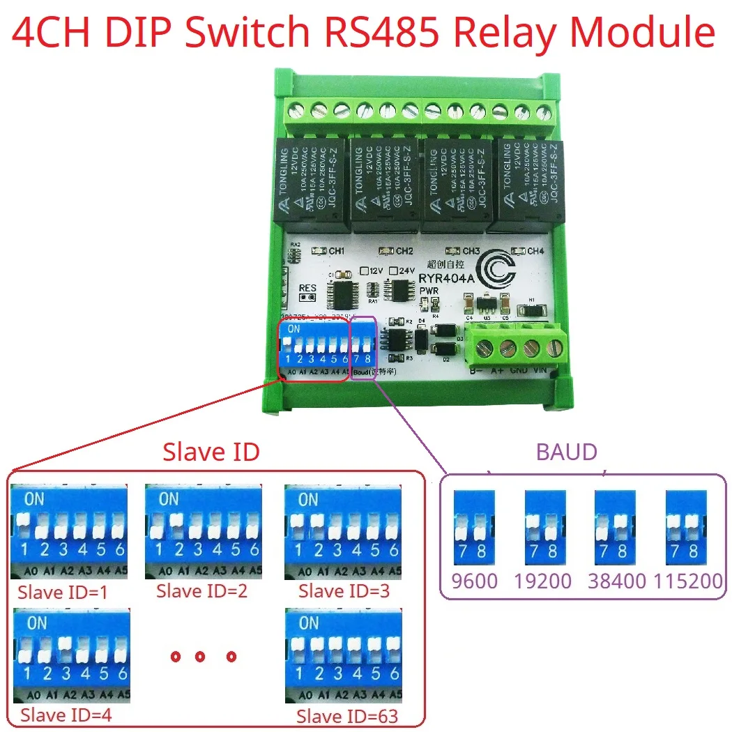 4-канальный релейный модуль постоянного тока 12 В 24 Modbus RTU RS485 DO параметры настройки