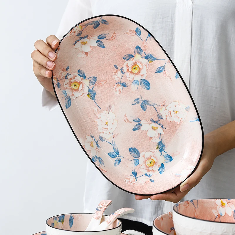 

12-дюймовая овальная тарелка, удлиненная романтичная керамика в стиле Ldyllic для влюбленных, рельефная розовая камелия, свадебная фарфоровая п...