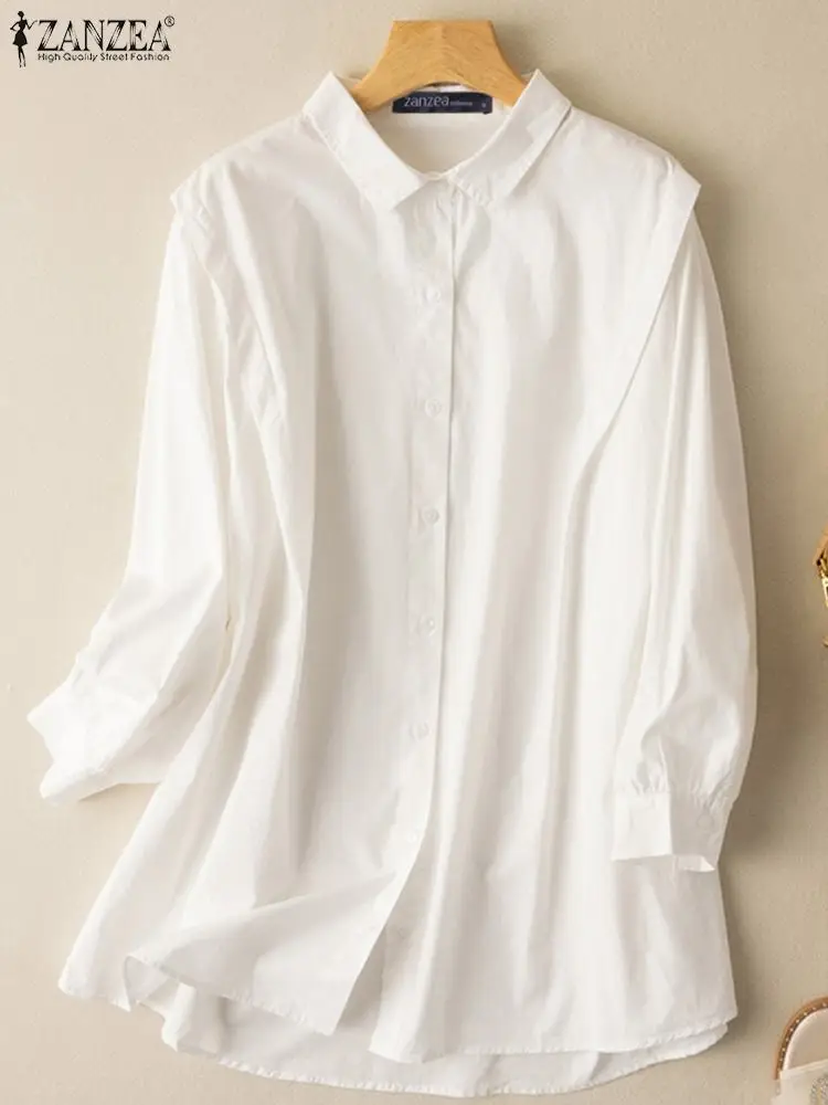 

Блузка ZANZEA женская с отложным воротником, модная офисная рубашка оверсайз, с длинным рукавом, однотонная свободная туника, в винтажном стиле, весна 2023
