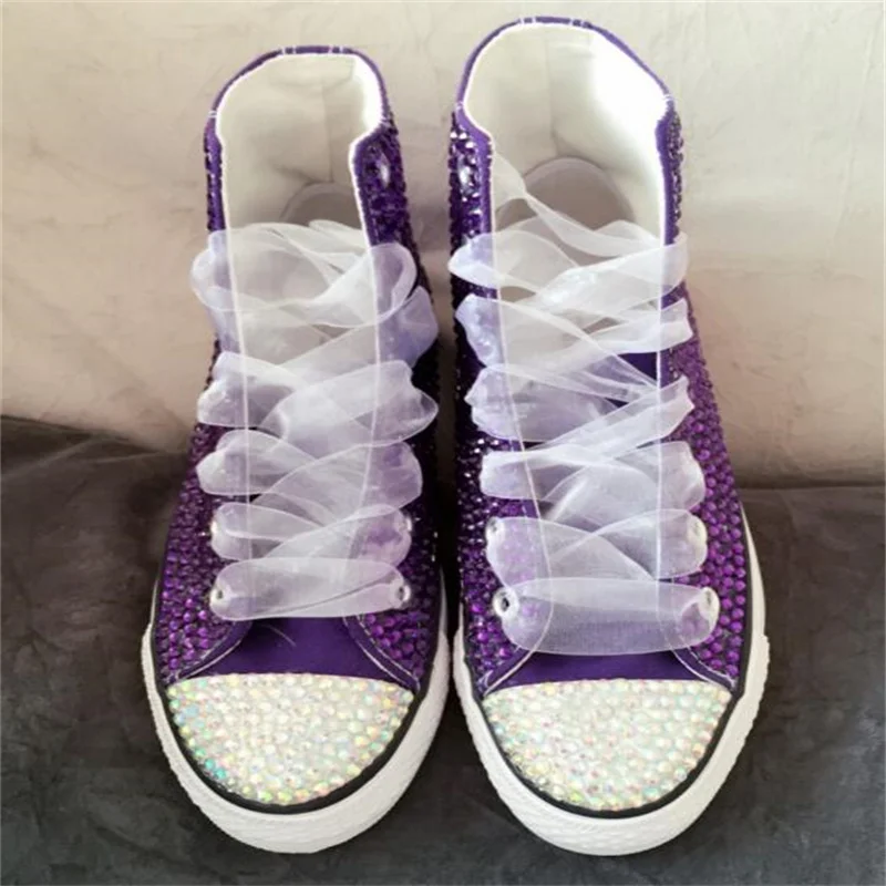 

High-top purple full-diamond lace canvas shoes party shoes handmade creative dream style flat casual shoes 35-44