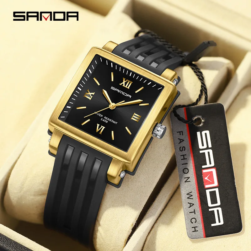 

Sanda 3208 Trendy Model Soft Silicone Strap Rectangle Shape Dial Roman Number Waterproof Quartz Movement Analog Wrist Watch