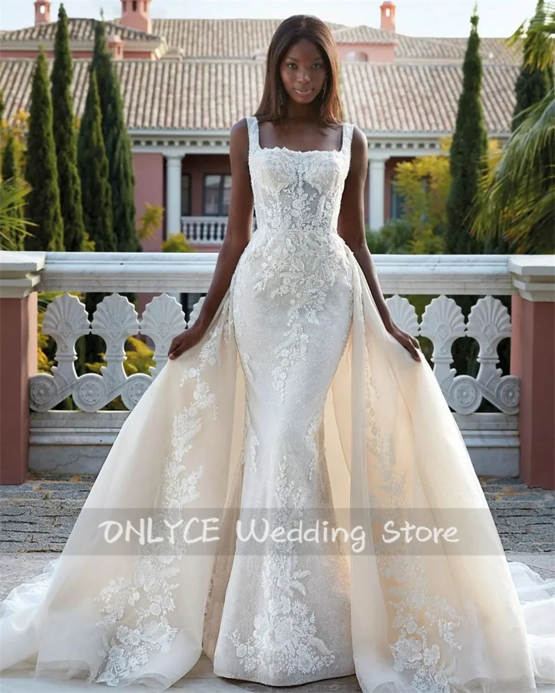 

Luxury African Wedding Dresses With Detachable Train Straps Lace Appliques Beads Mermaid Bridal Wedding Dress Open Back Custom