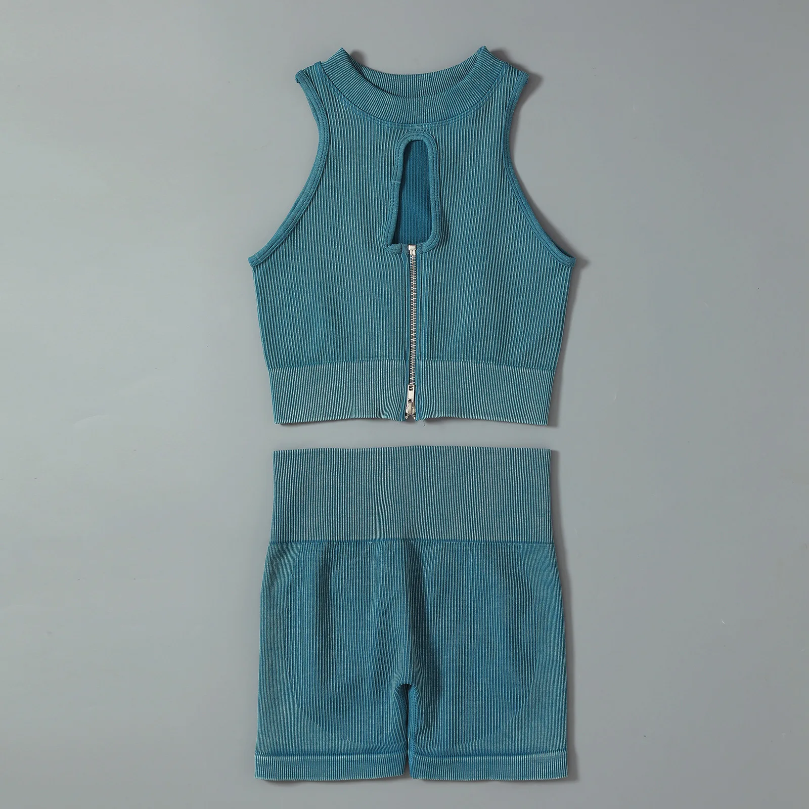 2 Piece Sets Women Outfits Seamless Knitting Sports Fitness Zipper Vest Top High Waist Hip Lifting Gym Shorts Yoga Running Suit