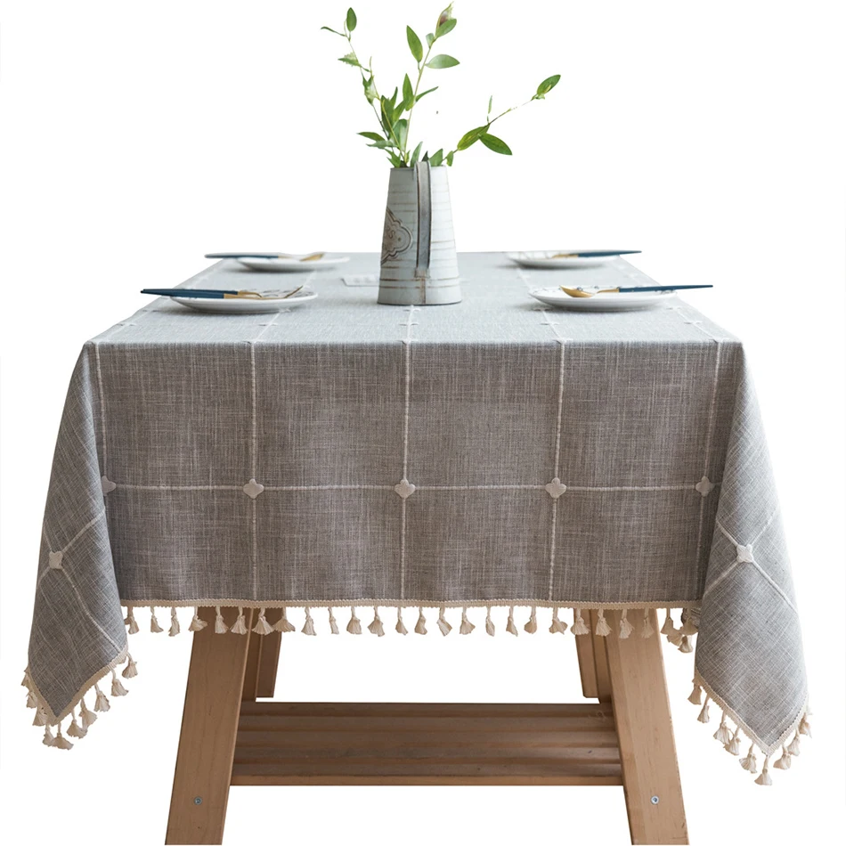 

Linen Cotton Embroidery Lattice Tablecloth,Rectangular Dustproof Tassels Table Cover,for Kitchen Dinning Coffee Table Decoration