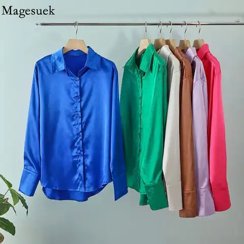 2023 Vintage Blue Green Silk Shirt Women Elegant Satin Long Sleeve Blouses Women Casual Loose Button Up Female Shirts Tops 21066