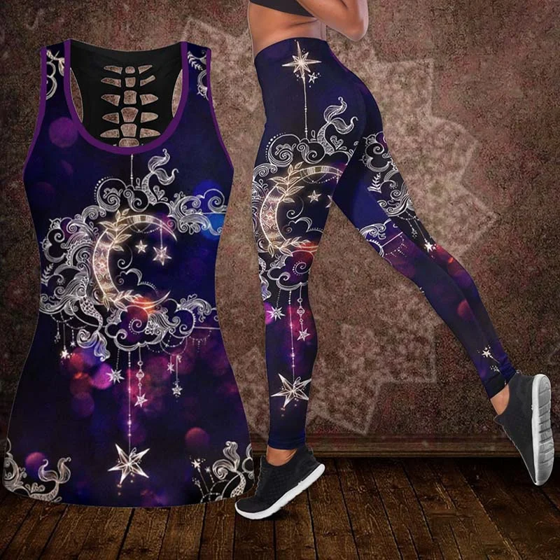 Hippie Mandala Printed 3D Moisture Wicking Hollow Yoga Suit Set Women Tanktop Vest +Girls Oversize Clubwear Leggings