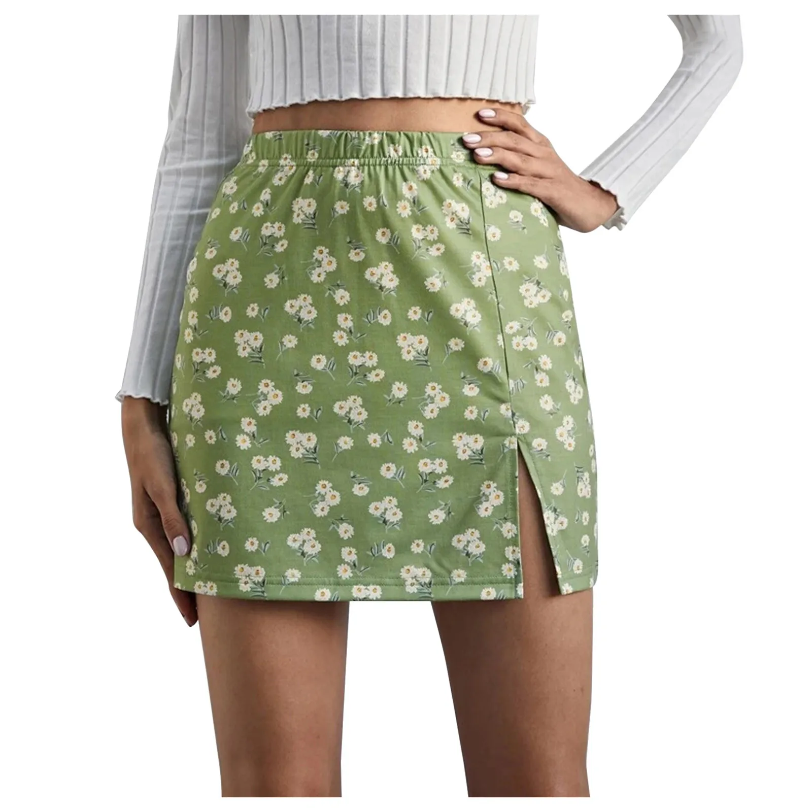 

Open Side Skirt Hem Sexy Mini Short Waist Elastic Print Women's Skirt Skirt