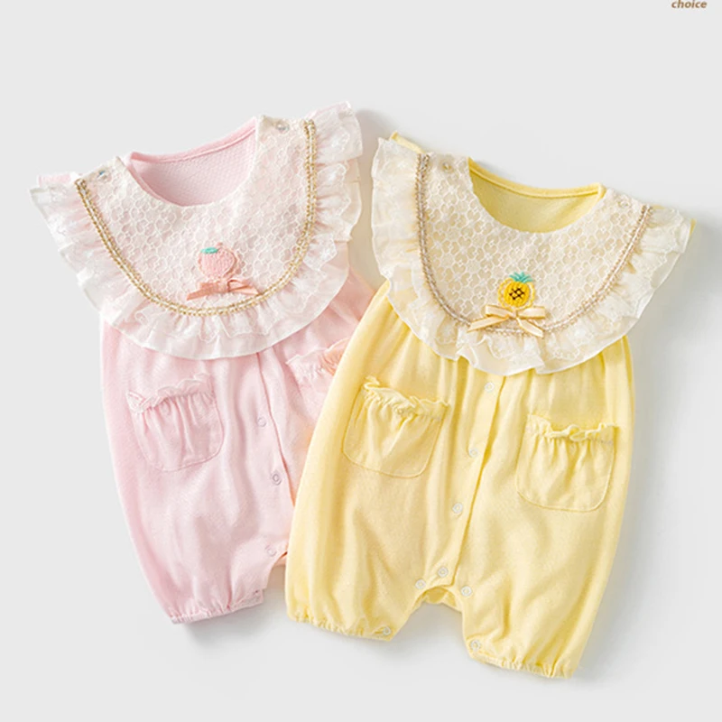 

Комбинезон для маленьких девочек, хлопковый комбинезон без рукавов с кружевами, комбинезон для маленьких девочек, летняя одежда для малень...