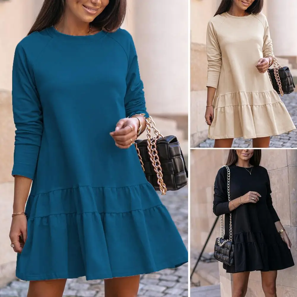 

Популярное женское платье, мягкое платье-пуловер, однотонное осеннее простое плиссированное платье-мини А-силуэта со сращенным подолом