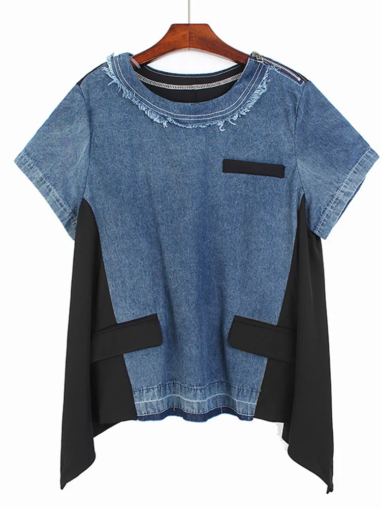 

XITAO Irregular T Shirt Fashion Patchwork Pullover Goddess Fan Casual Style Pocket 2022 Summer Minority Loose Tee WLD8394