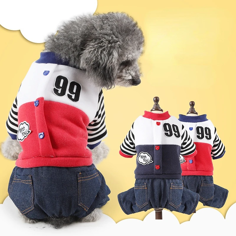 

2022 new pet supplies stitching contrast color denim four-legged cotton coat pet clothing dog clothes dog costume Dogs