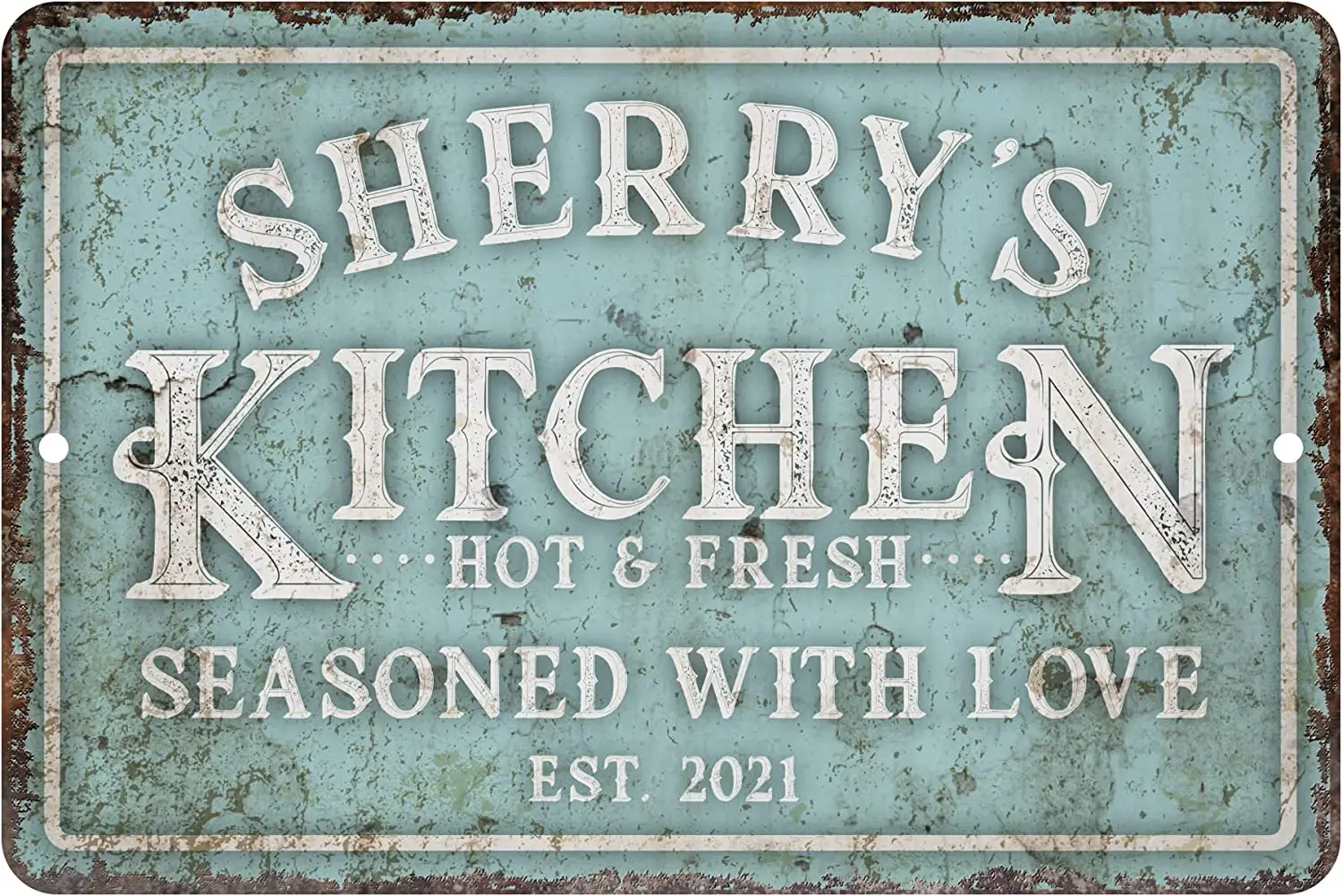 

Pattern Pop Personalized Vintage Distressed Look Mint Kitchen Seasoned with Love Metal Room Sign vintage metal plate