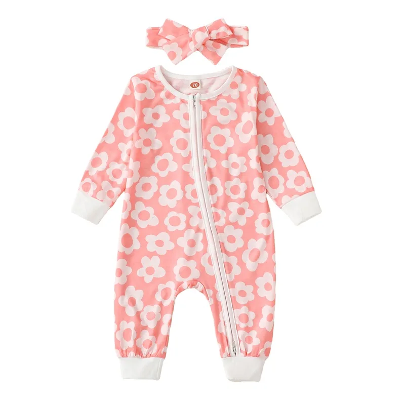 

Baby Girl 2Pcs Fall Outfits Long Sleeve Floral Print Full Zip Jumpsuit with Headband Set Infant Clothes