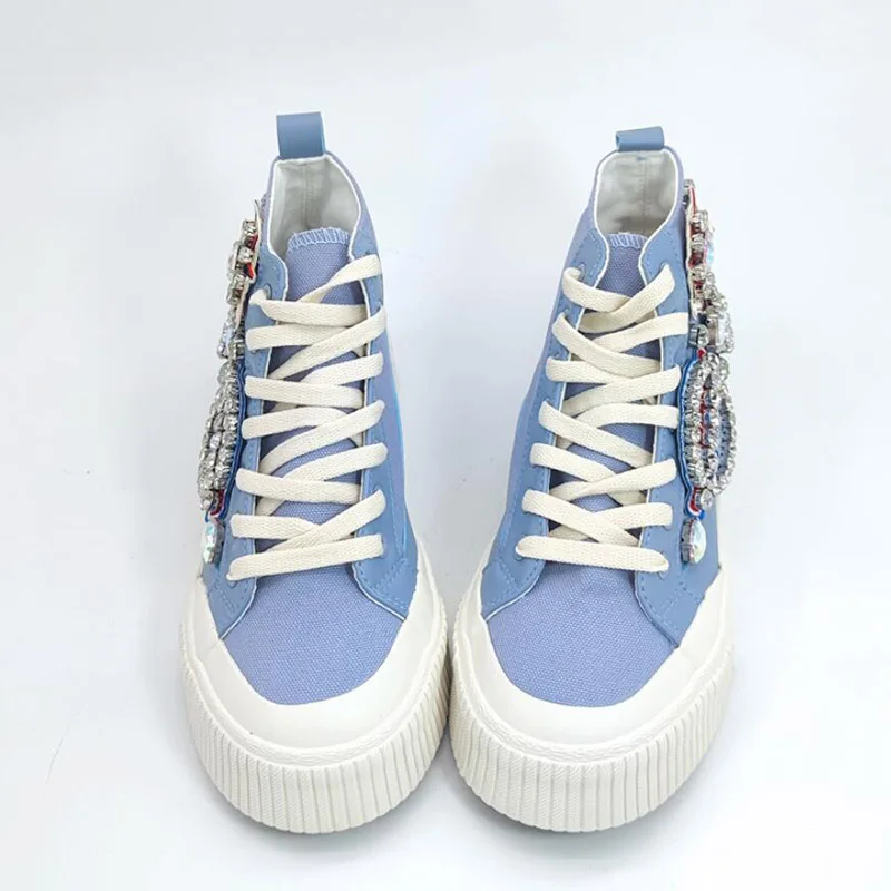 New Spring Autumn Blue High-top Student High Quality Rhinestone Women Lace Up Casual Canvas Rubber Female Flat Shoes BB20-22