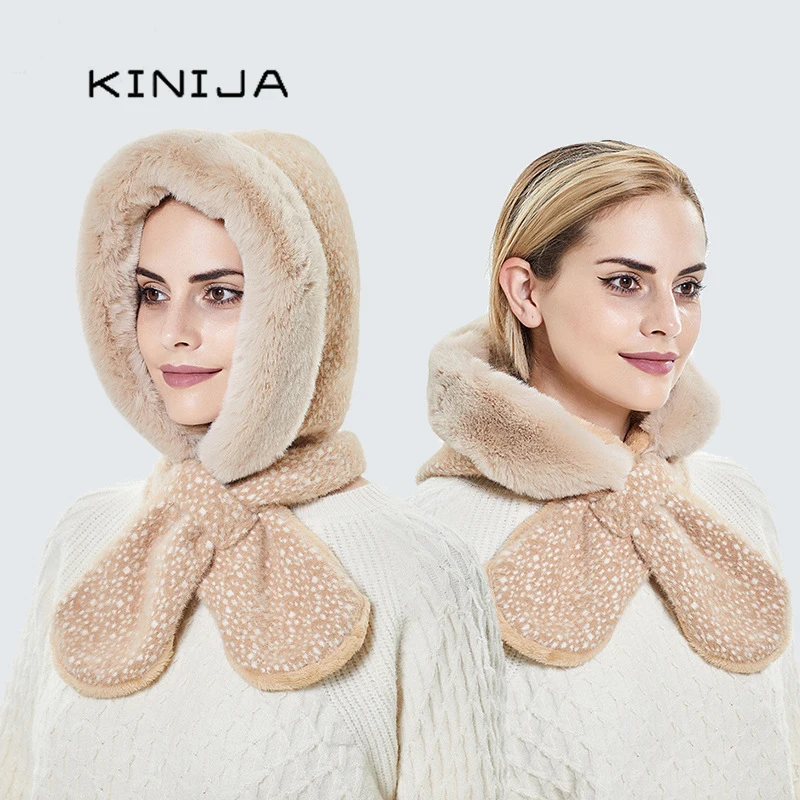 Winter Fur Cap Hood for Women Fluffy Hat Scarf Set Russia Outdoor Thicken Plush Warm Beanies Female Ski Ear Protection Bonnet