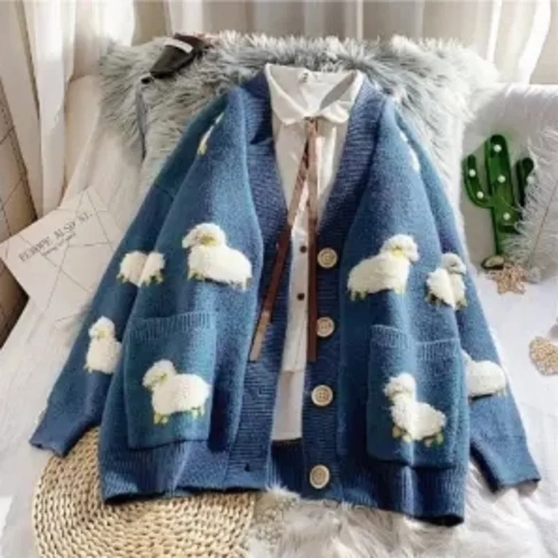 

Женский кардиган с длинным рукавом, повседневный Свободный кардиган в Корейском стиле с V-образным вырезом, базовый винтажный свитер в стил...