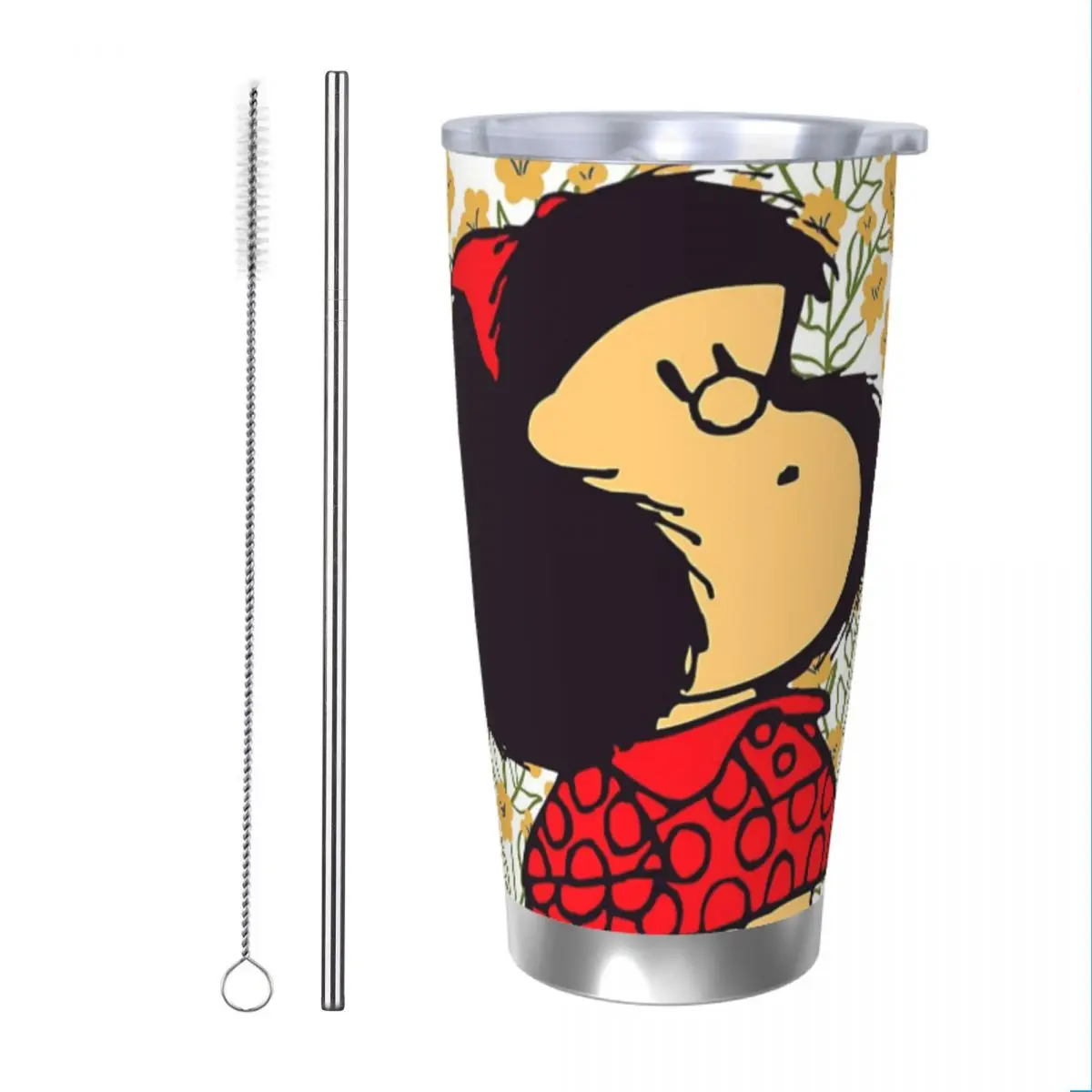 Mafalda и цветы изолированный стакан с крышкой соломинки Kawaii Мультяшные кофейные