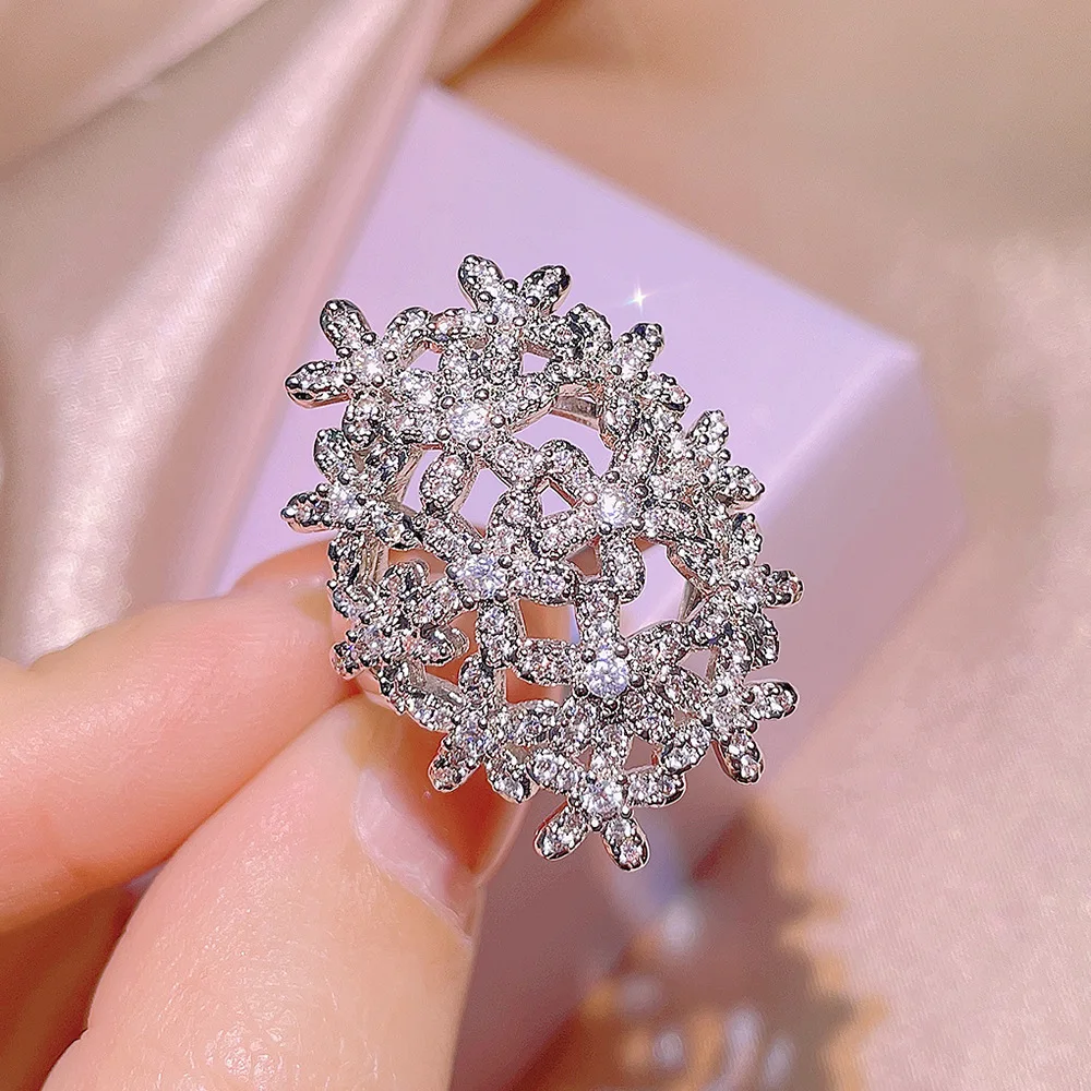 

Fashion all-match flower full diamond ring 925 sterling silver exquisite zircon ring female party birthday jewelry gift