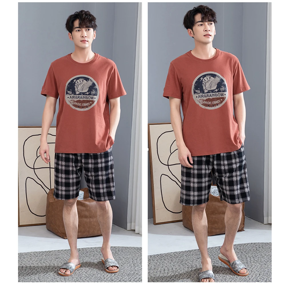 100% Cotton Pajamas for Men Fashion Print Sleepwear+Plaid Shorts Summer Hygroscopic Breathable Pajama Sets pyjama pijama homme
