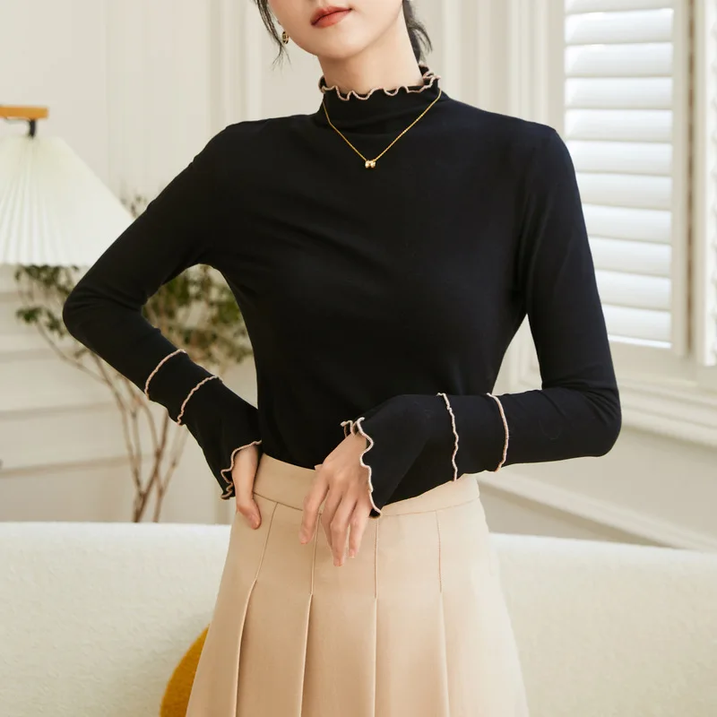 Slim fitting high collar pullover in autumn and winter New style Elegant wind Half high collar ear edge Slim knit top for women