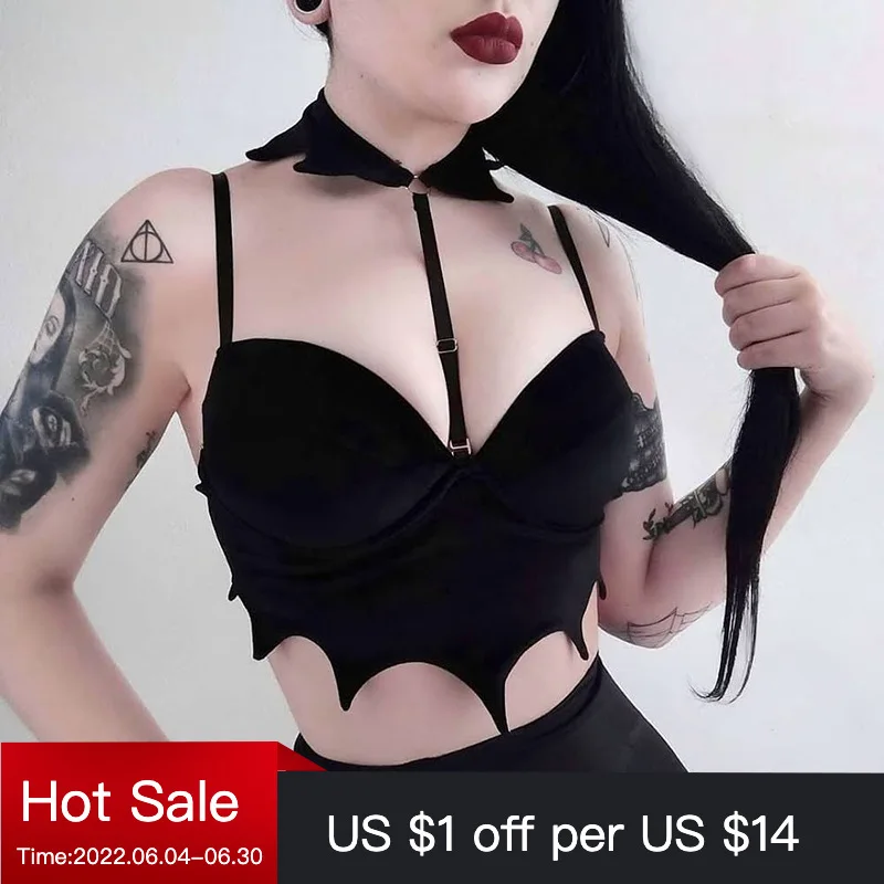 

Goth Punk Crop top Sexy Summer y2k Fairy Grunge Crop Top Women Lace Up Bat Eyelet Tees Aesthetic Vintage Emo Bra Grunge Clothes