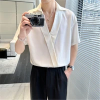 v neck boys shirt men summer white shirts black short sleeve loose casual korean design blouse male breathable camisa 2022