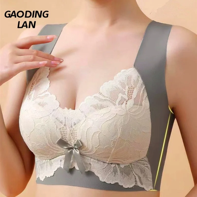 

45-115KG Women Large Size Rimless Bra 3/4 Cup Push Up Anti Sagging Bras Female One Piece Traceless Lace Embroider Thin Bow Bra