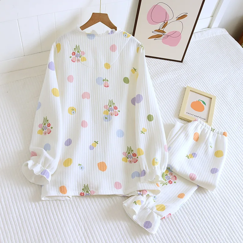 Fdfklak Air Layer Autumn Winter Pajamas Suit Women New Thick 100% Cotton Sweet Home Clothes Warm Sleepwear Set Plus Size M-4XL