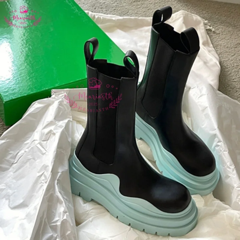 

Женские ботинки челси на платформе, черные кожаные ботинки на массивной подошве без шнуровки, с круглым носком, на осень и зиму, 2023