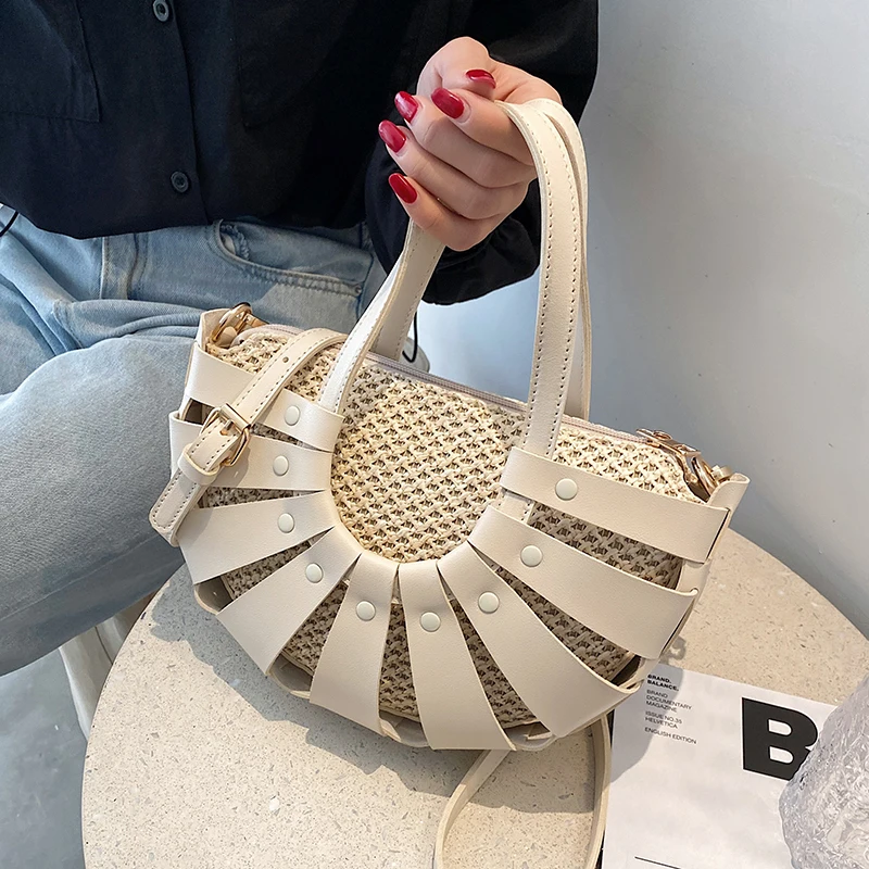 

Straw Semicircle Design Small Tote Bags For Women 2021 Summer Lady Beach Shoulder Crossbody Simple Bag Female Travel Handbags