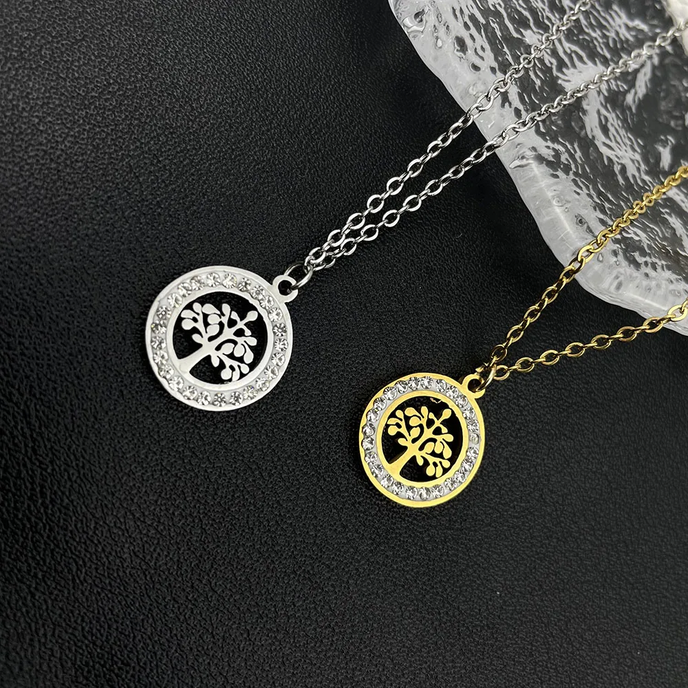

Crystal Rhinestone Stainless Steel Life Tree Necklace for Women Gold Jewelry on The Neck Accessories Choker Valentine's Day Gift