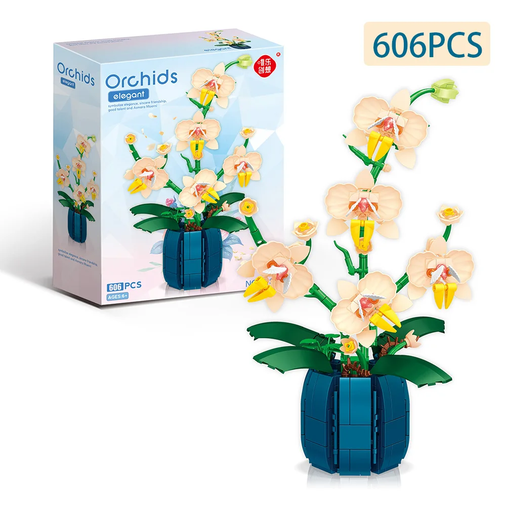 

Букет из блоков орхидеи, цветок, суккуленты, горшечные строительные блоки, украшение для дома, модель, игрушки для девушки, подарки