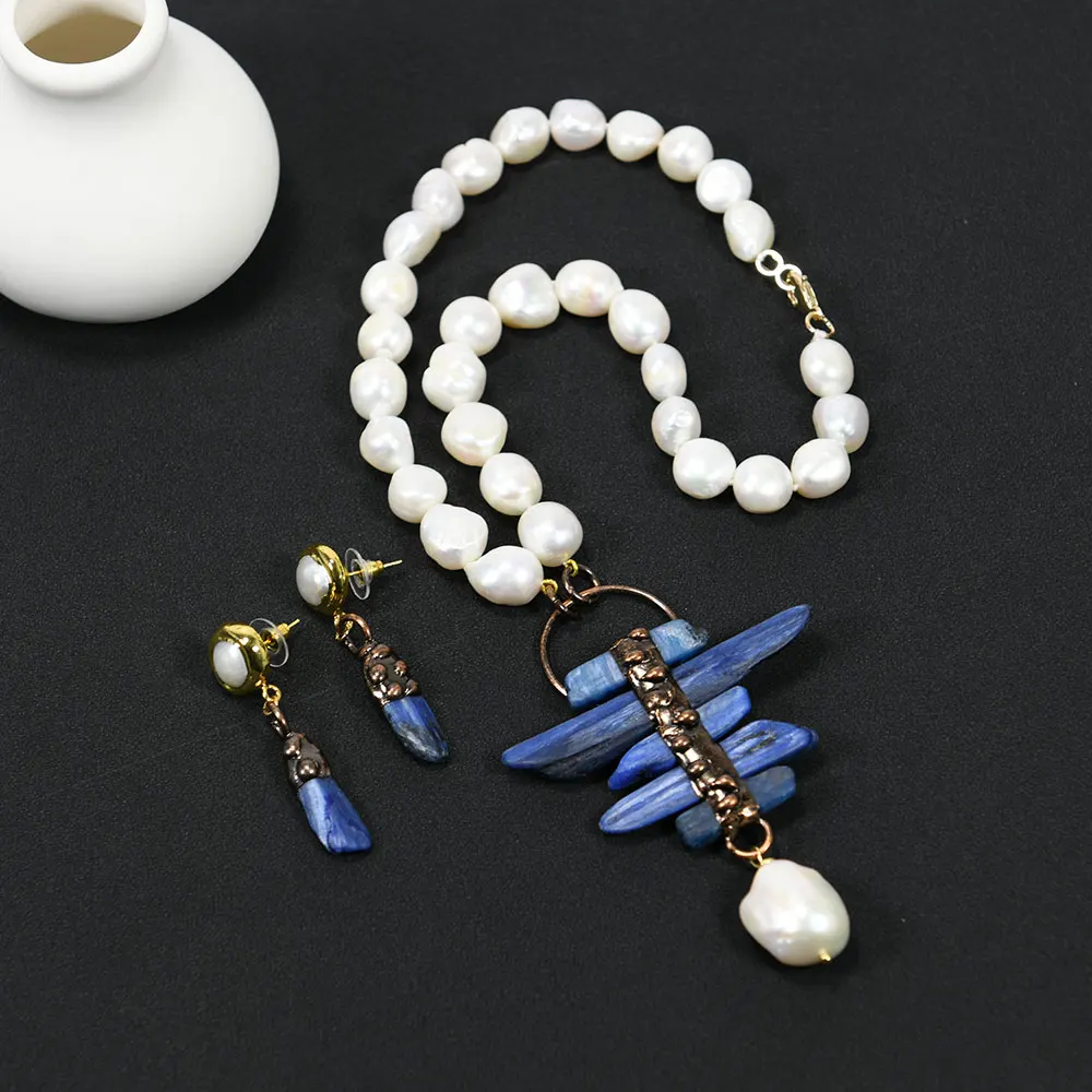 

GG Jewelry Natural White Baroque Pearl Necklace Blue Kyanite Gunmetal Bronze Plated Pendant Earrings Sets Lady Gifts