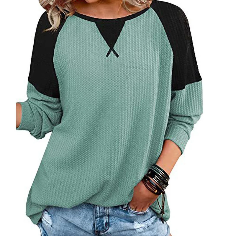 

Женская футболка с длинным рукавом, Повседневная Свободная футболка составного кроя с круглым вырезом, весна-осень 2022