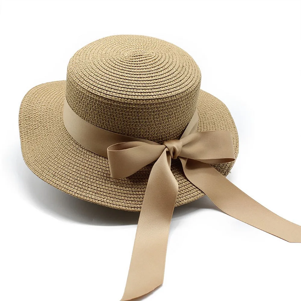 

женские летние солнцезащитные шляпы соломенные кепки 57 58 см плоские шампанское бант ремешок сплошной цвет с маленькими полями пляжные путешествия модные женские туфли ty 0216