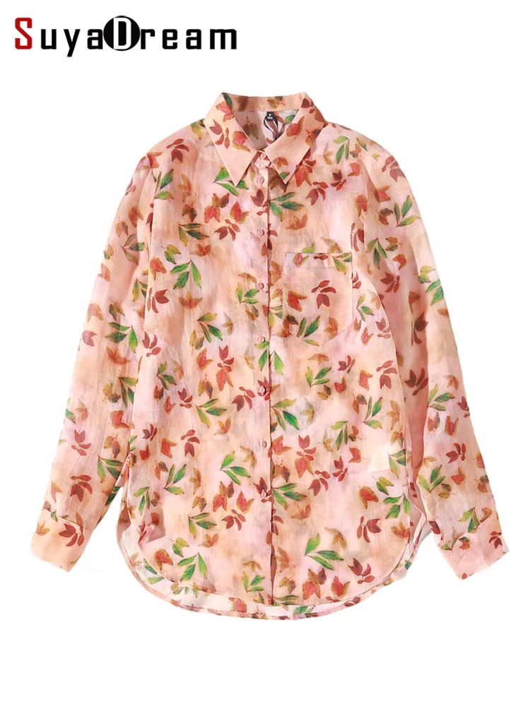 SuyaDream Women Floral Shirts 100%Ramie Long Sleeved Turn Down Collar Printed Blouses 2022 Spring Summer Top