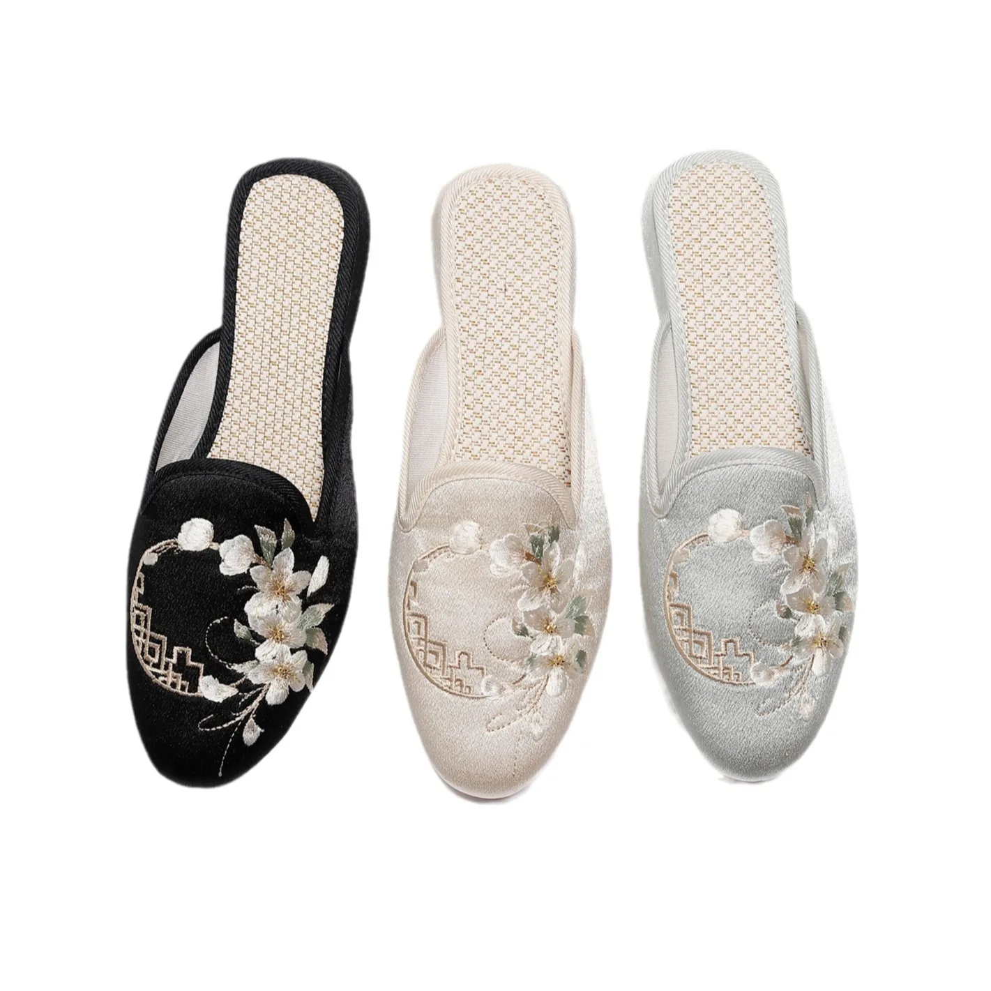 Женские Сатиновые хлопковые шлепанцы с вышивкой на плоской подошве мягкая